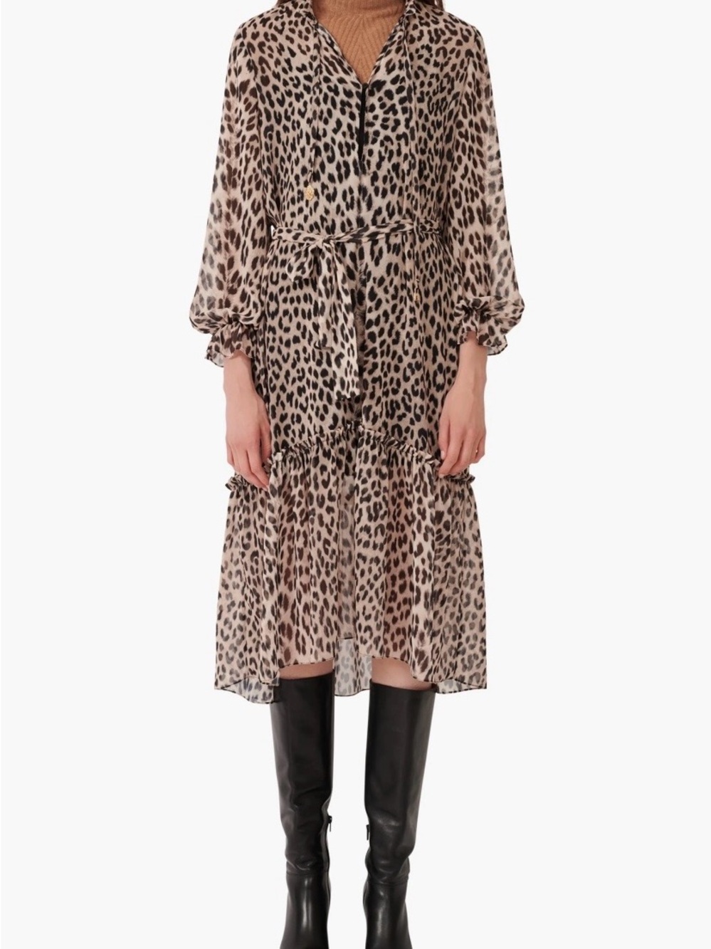 Maje Leopard Print Belted Midi Dress Womens 36 US 4 Long Sleeve Boho Chic